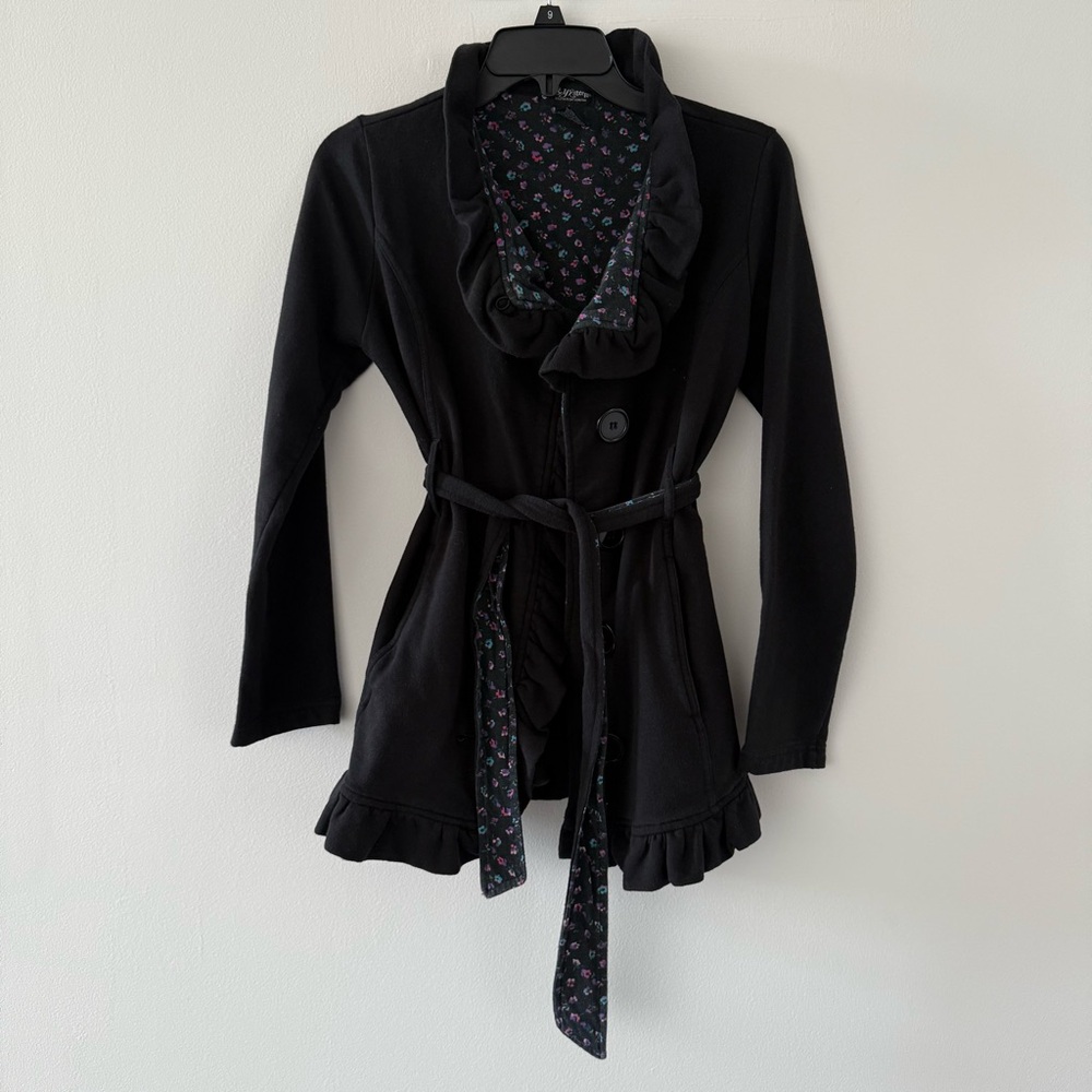Black Ruffled Peacoat Cardigan with Floral Accents